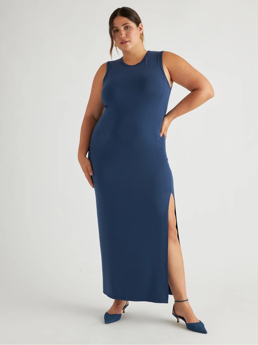 Quince Navy Blue Sleeveless Maxi Dress with Side Slit